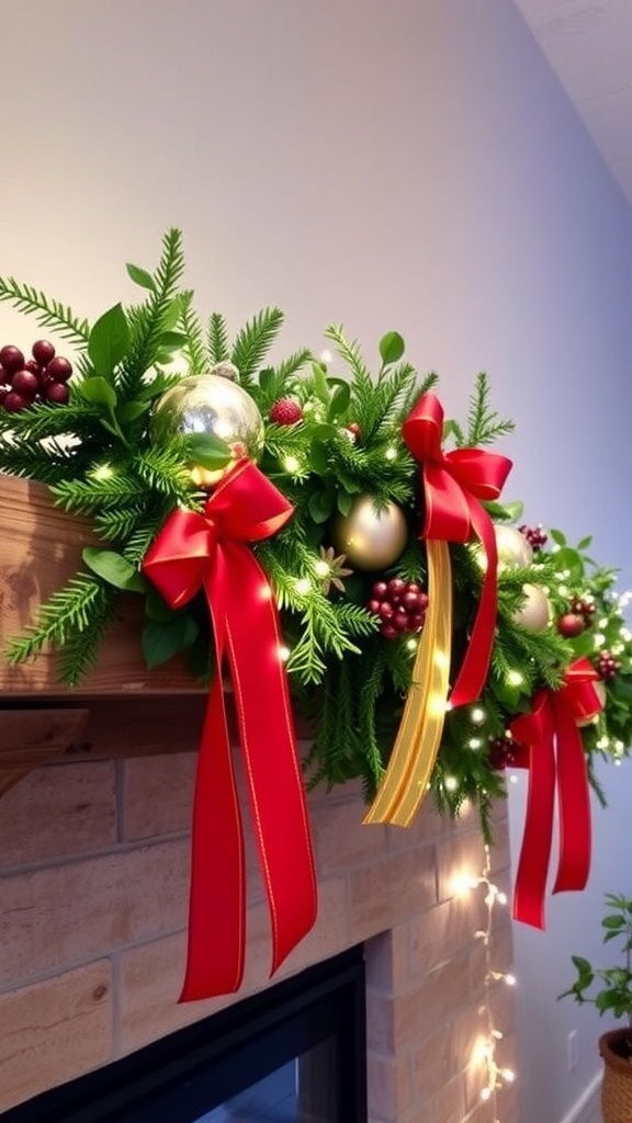 DIY Christmas garland with greenery, ribbons, and ornaments hanging over a mantel.